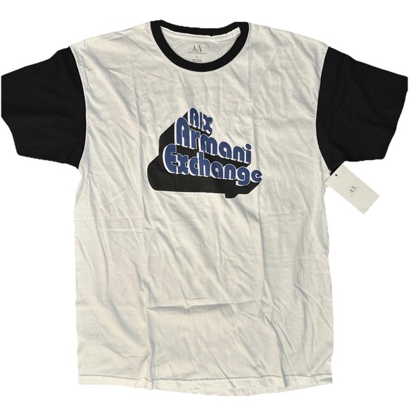 Armani Exchange Men's Large White T-Shirt with Black Sleeves & Blue Letter Logo - Picture 1 of 9